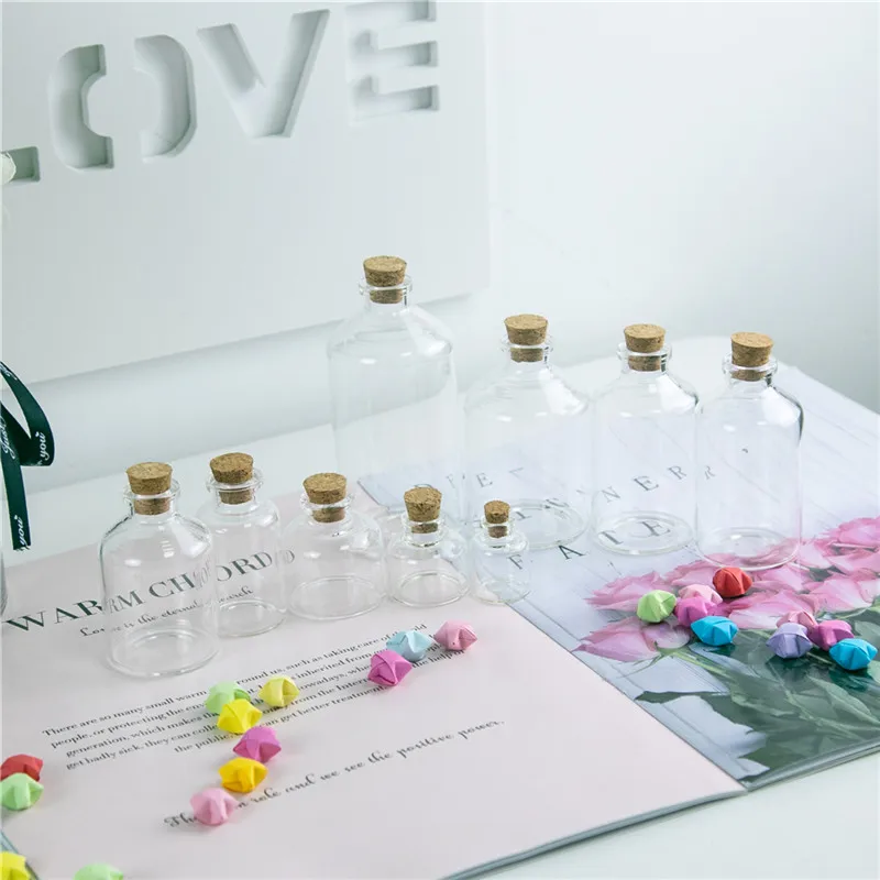 24PC Mini Transparent Glass Cork Bottles Crafts Vials Clear Glass Empty Wishing Bottles 4ml 10ml 100ml Jars Containers Diy Vials 6