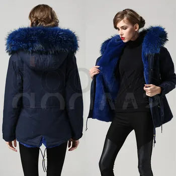 

blue warm winter Mrs fur coat parka with big real raccoon fur collar jacket hood outerwear factory price Direct Manufacturer