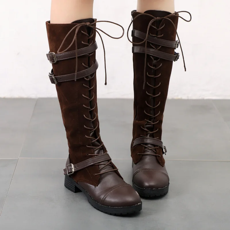 Botas mujer invierno/ г. Осенне-зимние рыцарские сапоги с круглым носком высокие сапоги до колена с перекрестными ремешками на квадратном каблуке; большие размеры 43