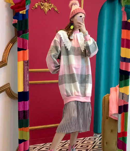 SuperAen, корейский стиль, женское платье, хлопок, в клетку, осень, новинка, женское плиссированное платье, длинный рукав, хлопок, женская одежда, мода