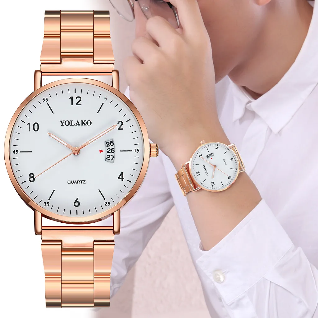 

YOLAKO Dropshipping Stainless Steel Mesh Women Watch Brand Men's Watch Calendar Date Business Quartz Wristwatches Relogio Gift#W