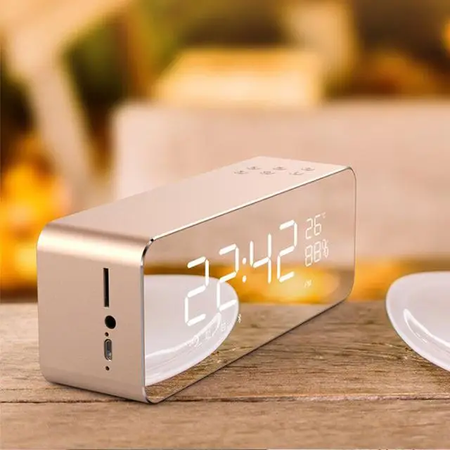 Светодиодный Будильник беспроводной Bluetooth Цифровой температурный дисплей FM Радио электронный сабвуфер домашние часы зеркало Повтор портативный - Цвет: gold