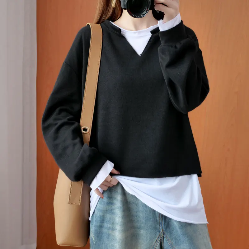 

DIMANAF Plus Size T-Shirt Autumn Two-Piece Patchwork Cotton Women Hoodies & Sweatshirts Female Loose Solid Vintage Tops&Tees