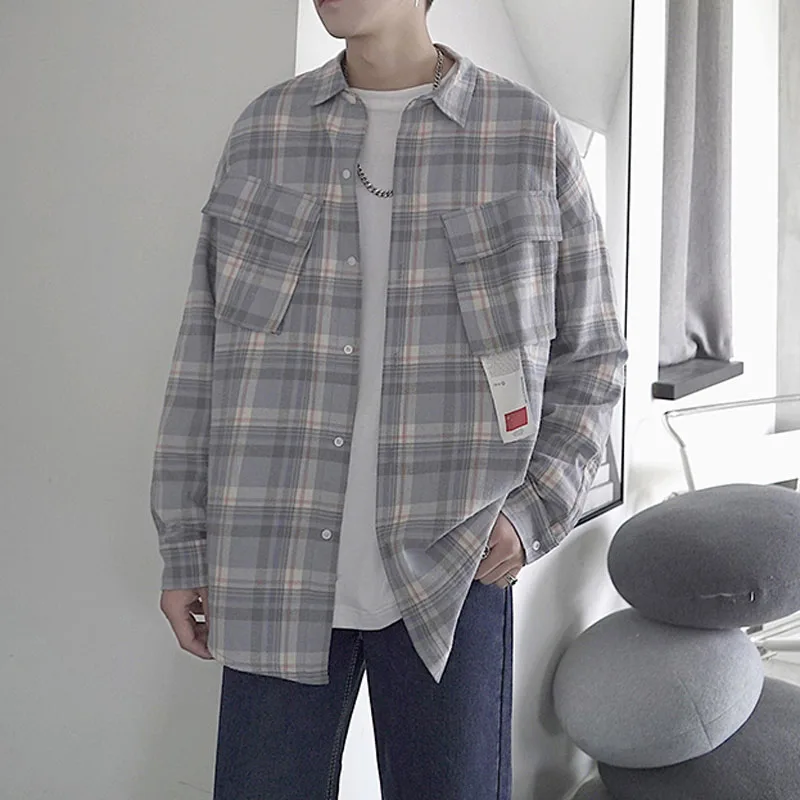 Oversized большие мужские рубашки в клетку с длинными рукавами шикарная модная хлопковая рубашка в клетку в стиле хип-хоп топы уличная Мужская осенняя синяя/розовая