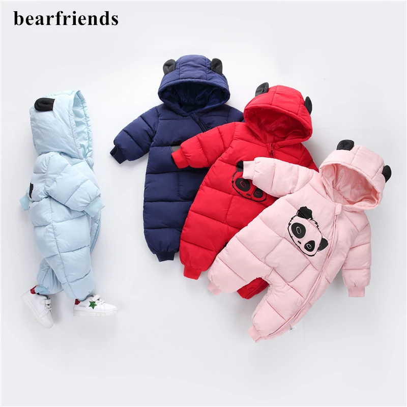Cute Panda Baby Winter Hooded Rompers Thick Cotton Warm Outfit Newborn Jumpsuit Overalls Snowsuit Children Boys Clothing
