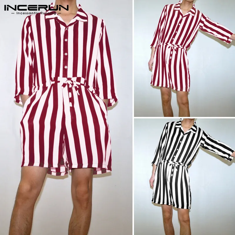 INCERUN, корейский стиль, повседневный мужской комбинезон в ретро стиле, в полоску, 3/4 рукав, с отворотом, модный элегантный свободный пояс, мужской комбинезон, уличные комбинезоны