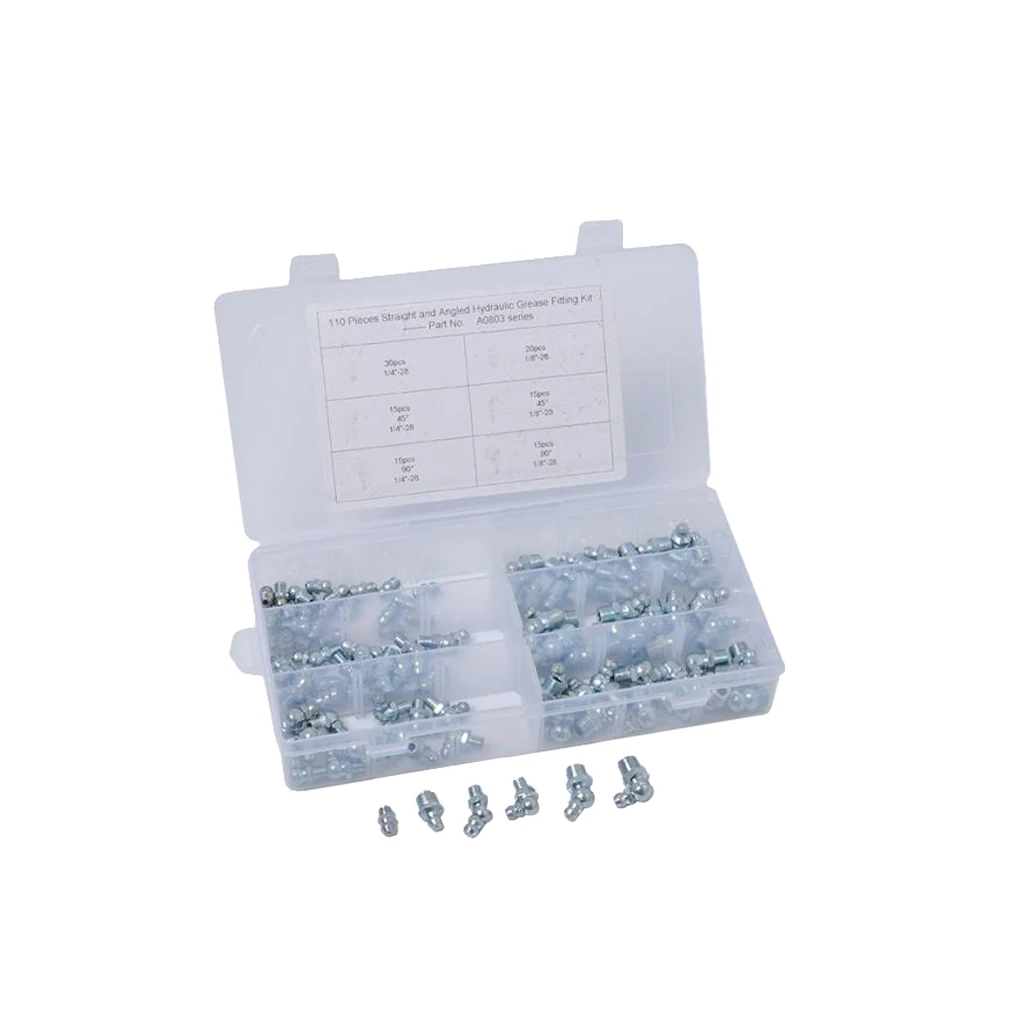 110pcs 1/4'' 1/8'' Hydraulic Grease Zerk Fitting SAE Kit for Machinery, Automobile, Bearing Seat, Joint, Marine Equipment