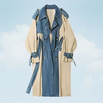 

2020 Spring Trench Coat Women Fashion Denim Windbreaker Patchwork Double-breasted Sashes Casual Long Outerwear Slim Female BW71
