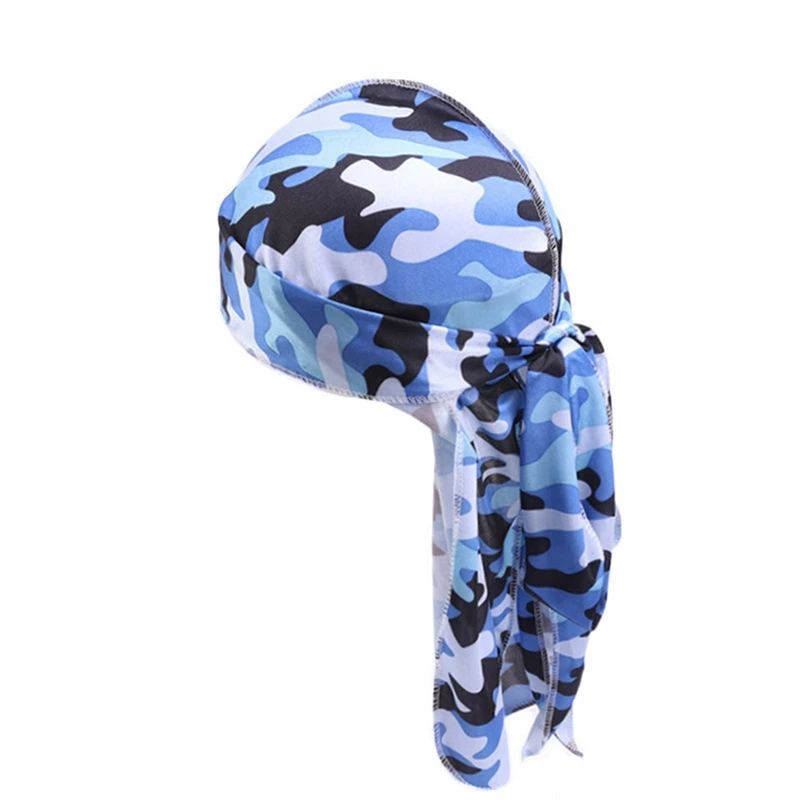 Fashion Camo Men's Silky Durags Turban Print Men Silk Durag Headwear Bandans Headband Hair Accessories Pirate Hat Waves Rags - Color: BL