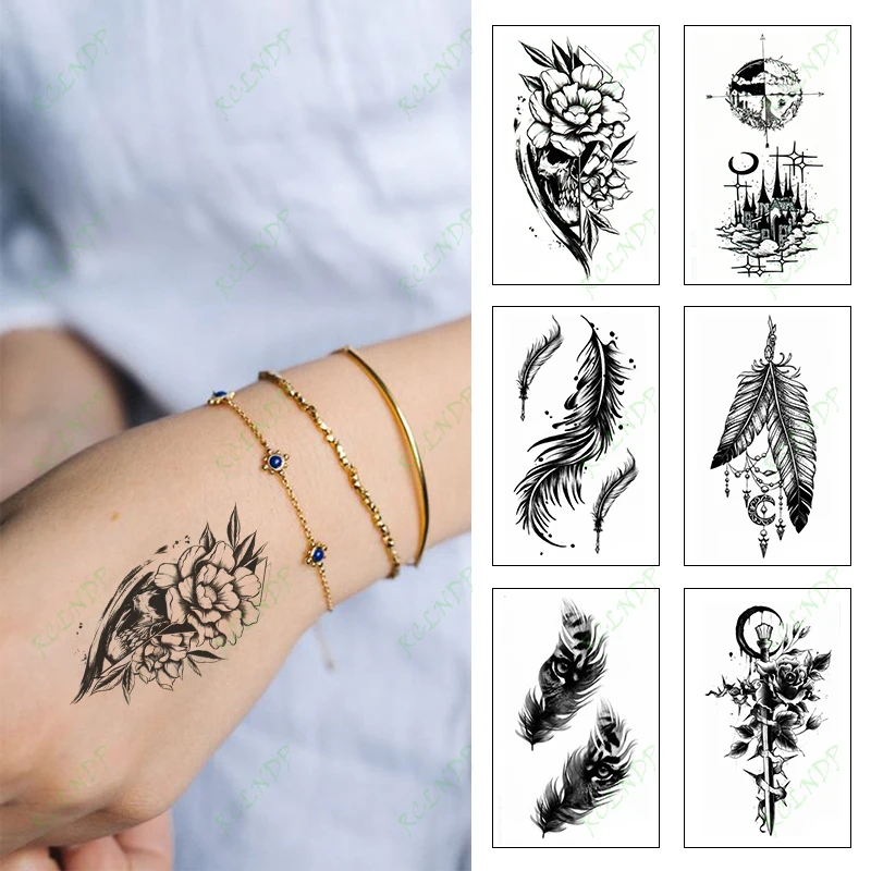 

Водостойкая Временная тату-наклейка, черный череп, роза, цветок, рука, задняя часть, искусственная татуировка, боди-арт для женщин и мужчин