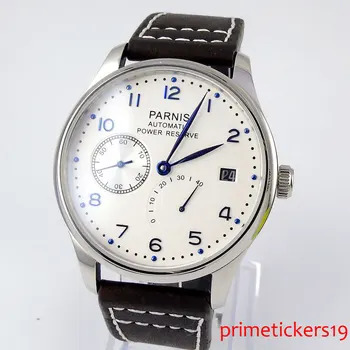 

43mm parnis white dial black strap power reserve blue marks ST2530 automatic mens watch
