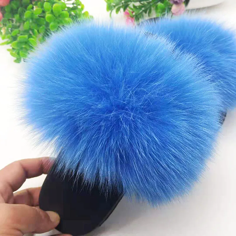 Drak Blue Детские тапочки с лисьим мехом домашняя обувь для девочек пляжные сандалии для мальчиков Вьетнамки с натуральным лисьим мехом детские пушистые меховые шлепанцы - Цвет: Drak Blue