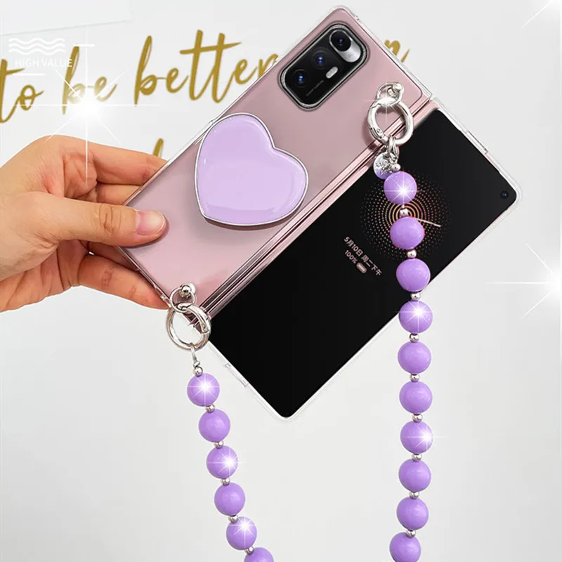 Per Samsung Galaxy Z Fold 5 4 3 2 5G Fashion Cute Purple Plating Love Heart Holder Staffa Portatile Hand Chain Clear Case Cover