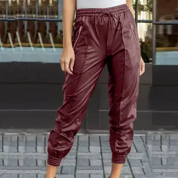 

ZANZEA Women PU Leather Pants Casual Elastic Waist Solid Long Trousers Turnip Stylish Tactical Pants Female Streetwear Pantalon