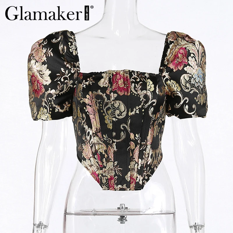 Glamaker, Цветочная вышивка, квадратная горловина, винтажная блузка, женская, короткий, с пышными рукавами, Элегантная блузка, женская, осень, зима, Сексуальная Блузка