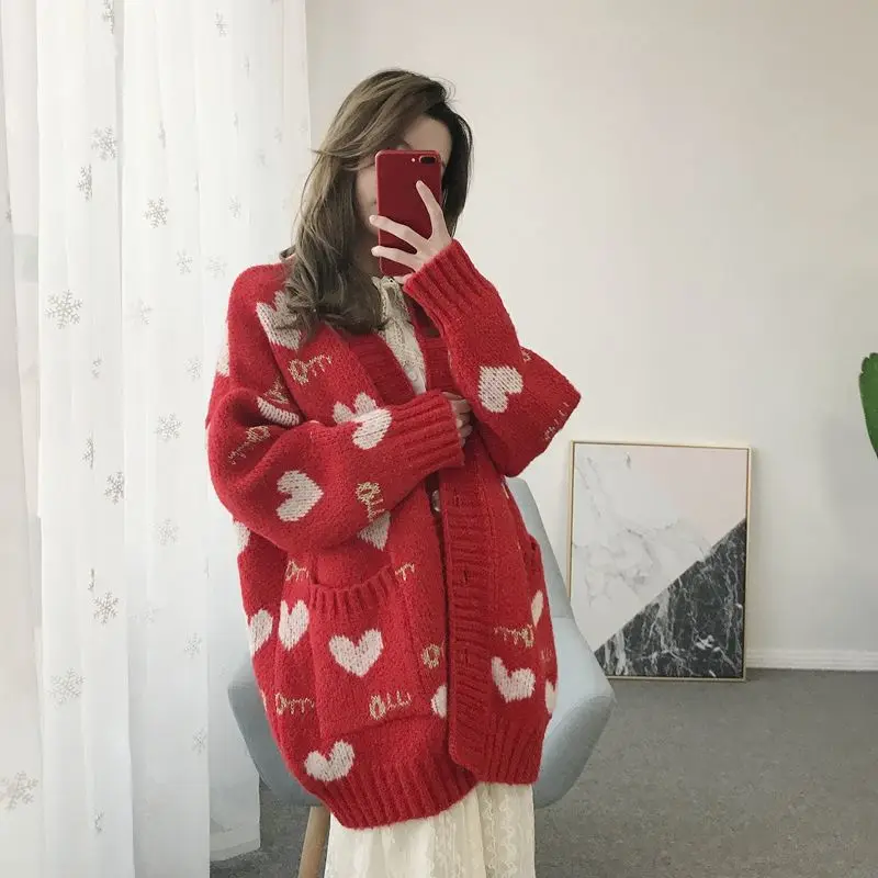 red sweaters Весна/осень женские свитера компьютерный вязаный свитер с открытым стежком кардиганы для беременных осенняя одежда дизайн с сердцем свитера - Цвет: red sweaters