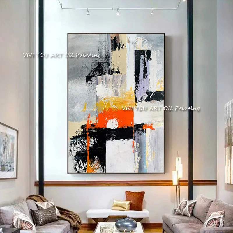 

100% Handmade New Large Red Abstract Picture Modern Original Knife Orange Thick Oil Painting Art Design Black Living Room Decor