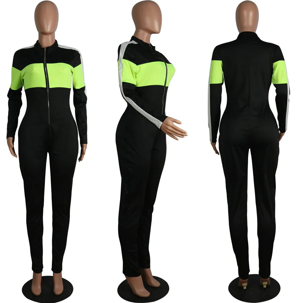 Color Block Fitness Sporty Active Wear Rompers Womens Jumpsuit Zip Casual Workout Athleisure Long Sleeve Jumpsuit Overol Mujer 6