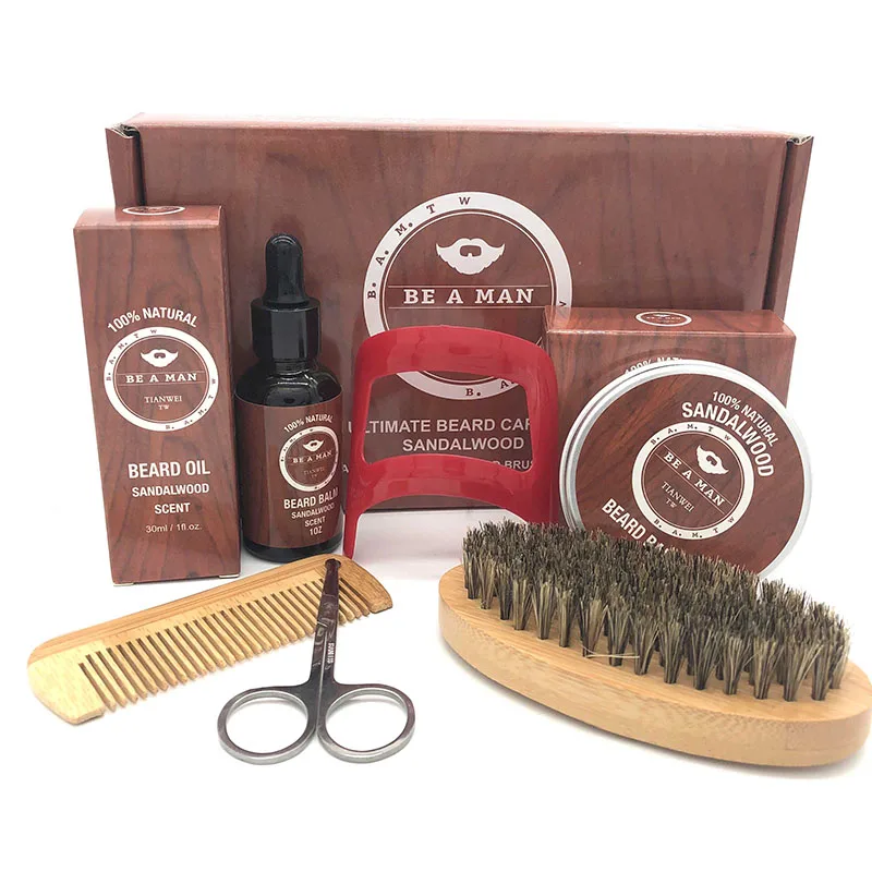 

New Men Beard Oil Kit Bread Oil Balm Beard Shaping Mustache Growing Moisturizing Comb Brush Scissors Grooming Trimming Kit