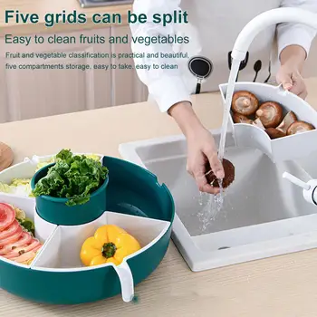 

360 Degree Rotating Drain Basket Fruit Vegetable Drain Basket 5 Compartments Storage Rotation Strainer Rapid Draining