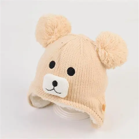 BEIGE Новорожденная детская бейсболка дети капот вкладыши Медведь младенческой шапка для мальчиков и девочек капот помпон крючком с вязаными ушками Детские аксессуары - Цвет: BEIGE