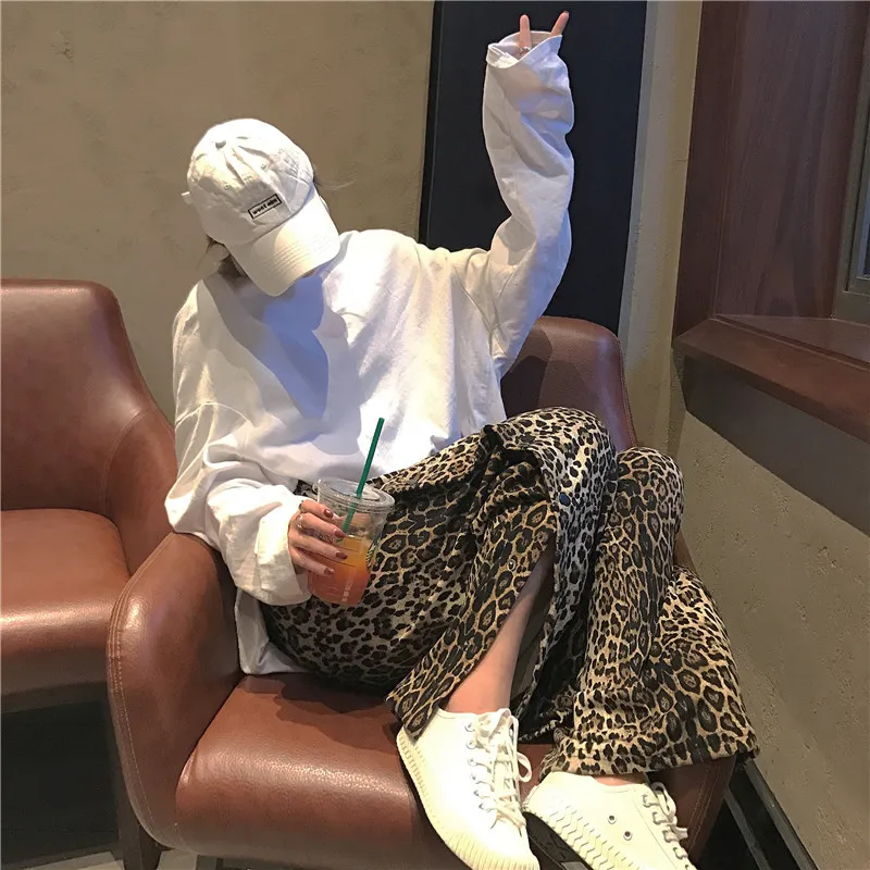 Корейская уличная одежда в стиле хип-хоп с высокой эластичной талией в стиле пэчворк с боковой пуговицей, прямые широкие брюки, летние женские длинные штаны с леопардовым принтом