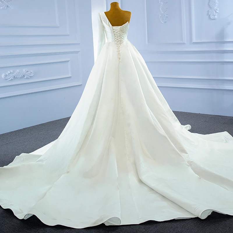 J67244 ​JANCEMBER White One Shoulder Long Sleeve Bridal Wedding Dresspearl Decoration Removable Trailing Backless Suknia ślubna 3