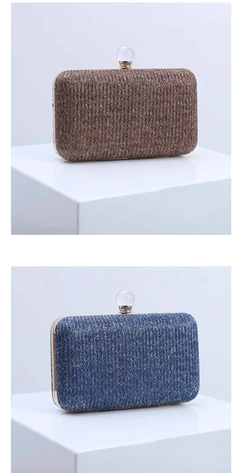 Luxy Moon Brown and Navy Woven Straw Clutch Bag Front View