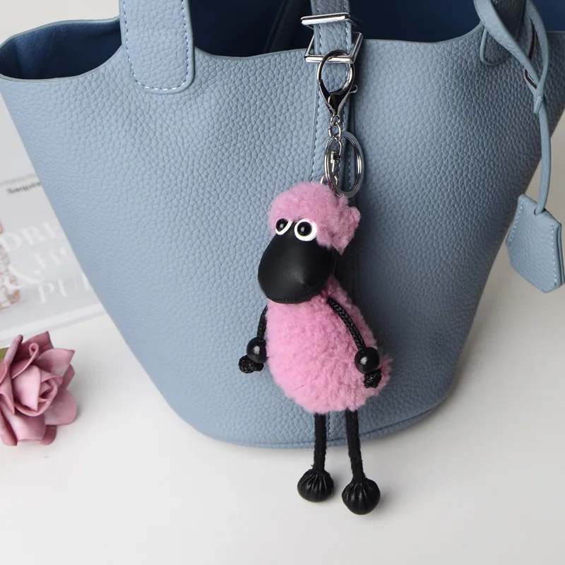 Australia Volume Wool Lamb Pendant Bleating Sheep Cute Plush Genuine Leather Handbag Pendant Car Key Ring Fashion