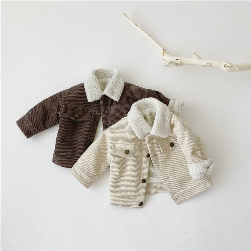 3065 Новое корейское детское утепленное пальто из овечьей шерсти на зиму, детская Вельветовая куртка, Теплые Топы для мальчиков 9 мес., 1-4 лет