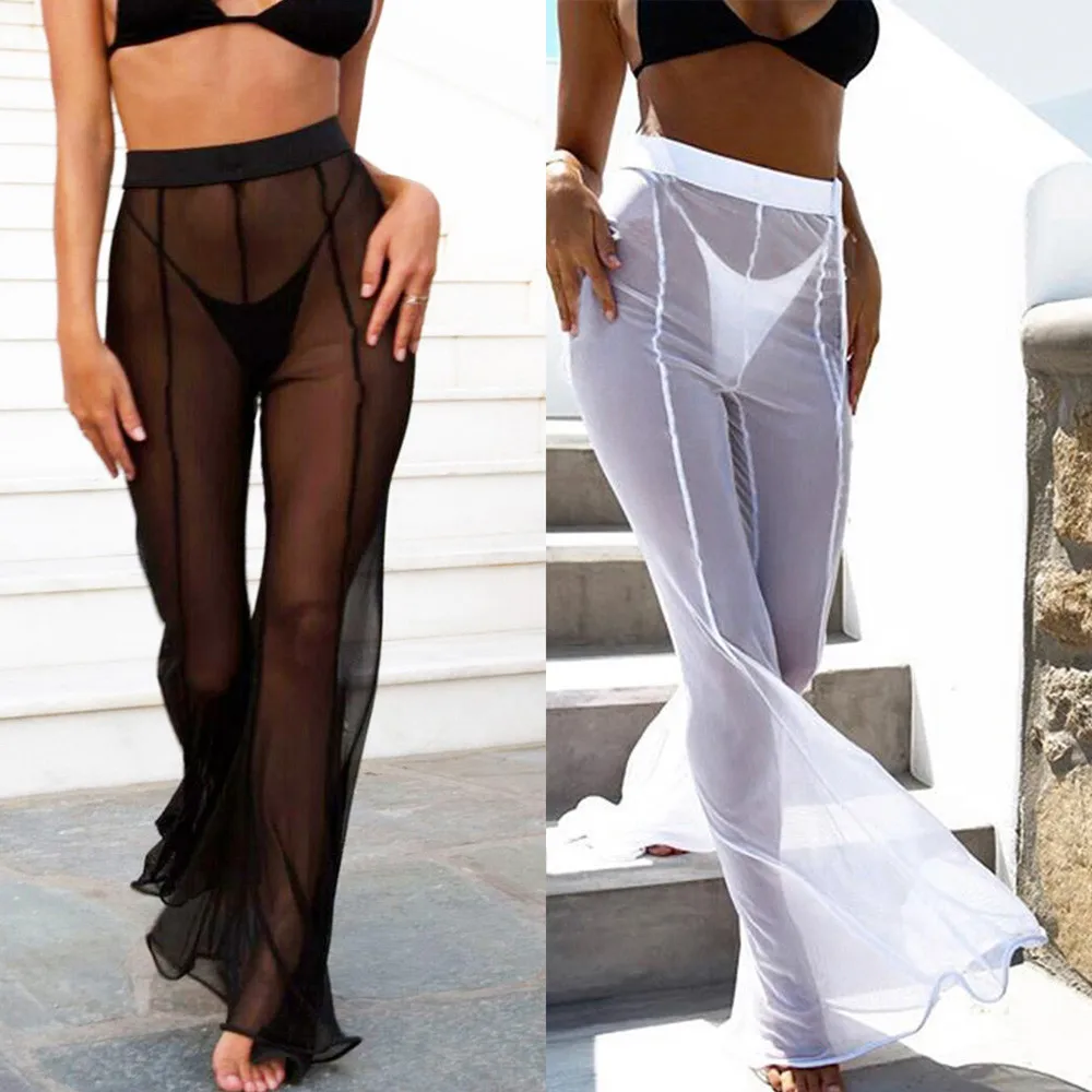Women's Beach Mesh Sheer Swimwear Cover Up Transparent Long Pants New 2018 Ladies See Through Trousers Bikini Cover-ups | Женская