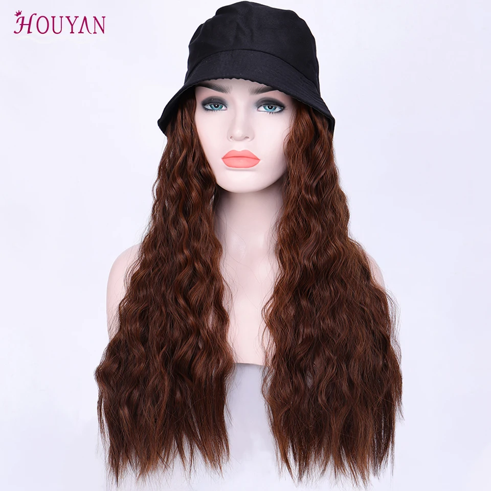 

HOUYAN Wavy wig hat synthetic natural connection hair and fisherman hat adjustable size synthetic brown black hat curly wig