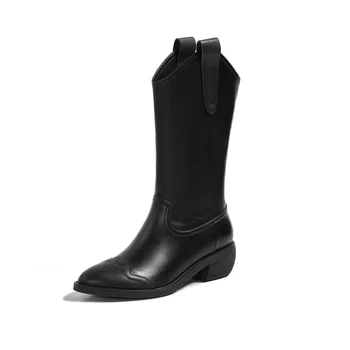 

2020 Autumn Cow Leather Boots Pointed Toe Women's Classic Western Cowboy Boots Genuine Leather Mid-Calf Styles Shoes For Women