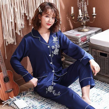 

Spring Pajamas Suit Long Sleeve Sleep Set Women Turn-down Collar Nightwear Shirt Pants Nighty Pijamas Robe Nighties Homewear