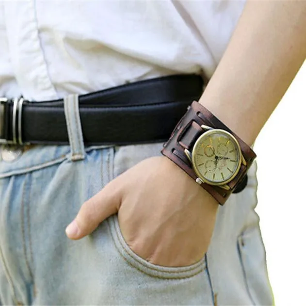 Мужские часы новые модные кварцевые часы Стиль Ретро панк Рок коричневый большой широкий кожаный браслет манжета мужские часы классные часы