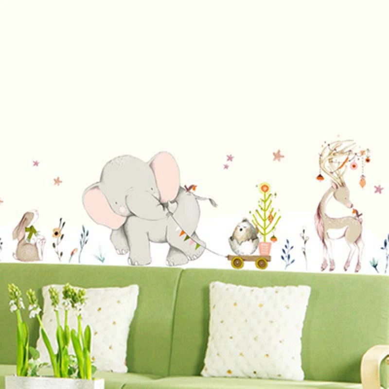 

Cartoon Forest Flowe Elephant Rabbit Giraffe Animal Wall Stickers Kids Room Decoration Vinyl Wallpaper Baby Bedroom Wall Decals