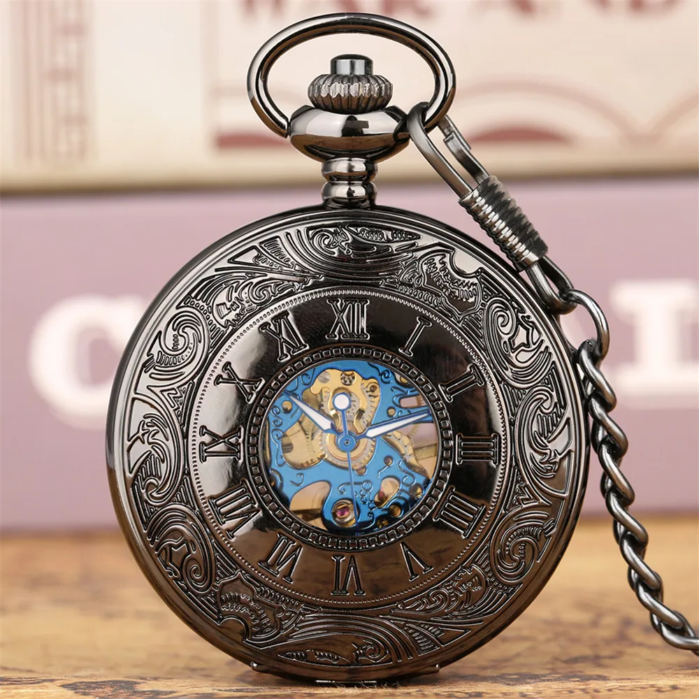 

Chic Blue Roman Numerals Retro Black Mechanical Pocket Watch Men Hand Winding Machinery Pendant Pocket Clock reloj de bolsillo