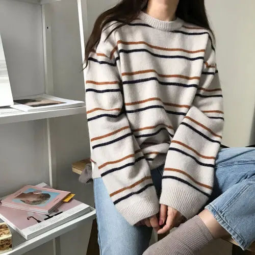 

Autumn And Winter New Style South Korea WOMEN'S round Collar Sweater Women's CHIC Pullover Stripes Sweater Loose-Fit Laziness St
