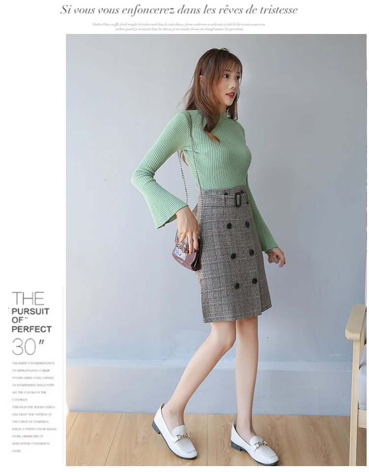 Woman High Waist Woolen Slim Skirt Office Lady Elegant Plaid Skirt Knee-length Winter Warm Skirt With Button Belt