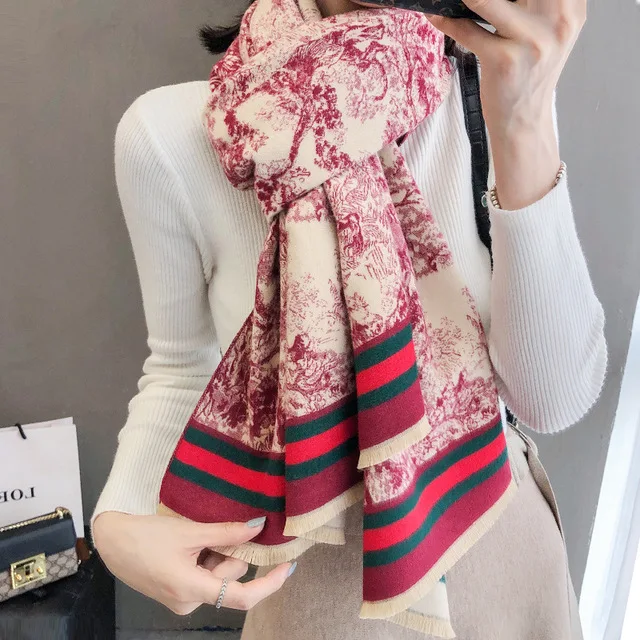 Style 2 red Luxury Winter Women Blue and white porcelain Brushed Cashmere Scarf Ladies Brand Warm ShawlLarge Pashmina Travel Blanket Wraps - Цвет: Style 2 red