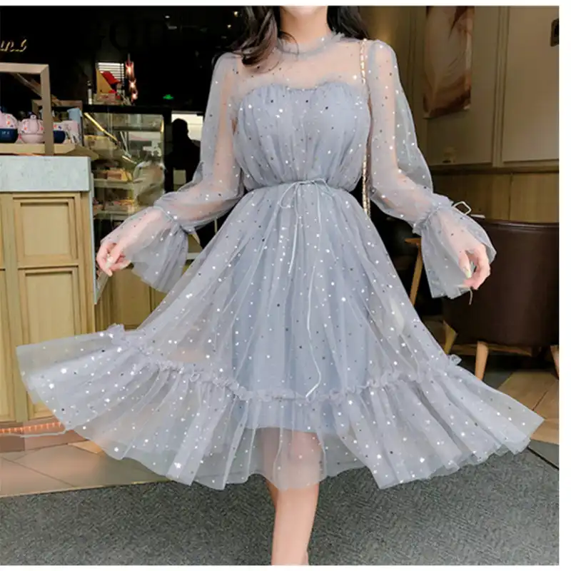 New shiny women dress sequined transparent loose a line mesh patchwork elegant solid summer dress korean style kimono