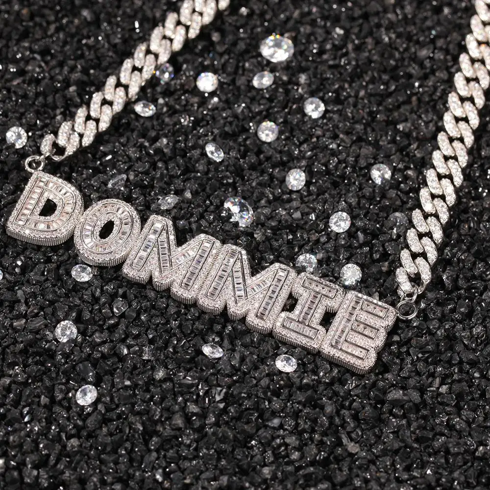 TBTK DIY Small Baguettecz Letter Pendant Necklace  With 9MM Cuban Chain Necklaces Zirconia For Women And Men Jewelry