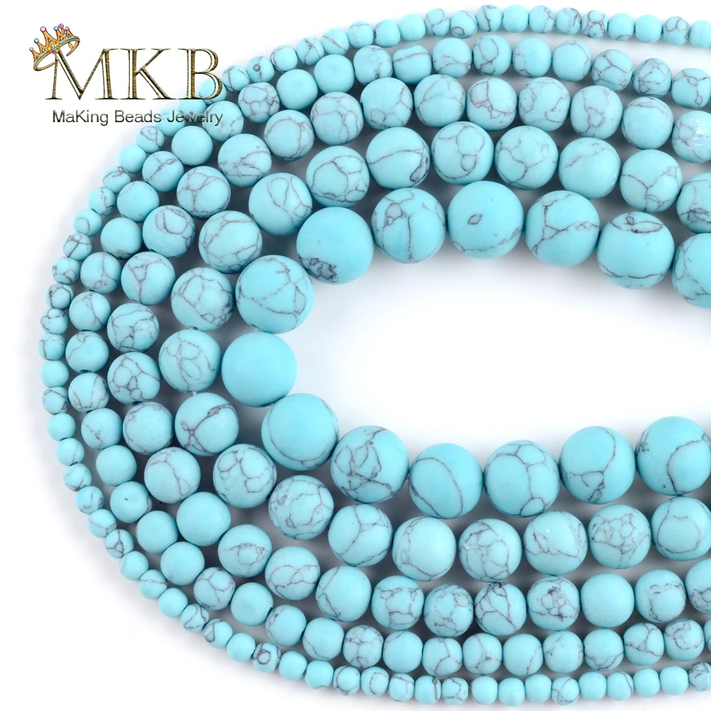 

Natural Dull Polished Blue Turpuoises Stone Round Spacer Loose Beads For Jewelry Making 4-12mm Beads DIY Bracelets Necklace 15"