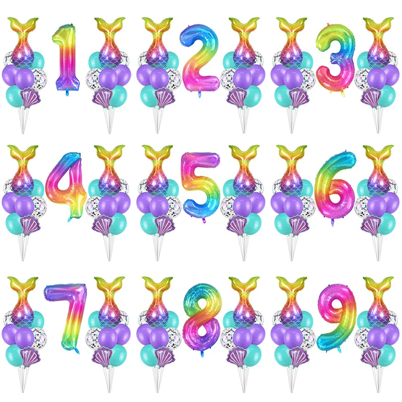 17Pcs  Mermaid Shell Number Balloon Set Teal Blue Purple Ballon Hawaii Mermaid Party Supplies Baby Shower Birthday Decoration