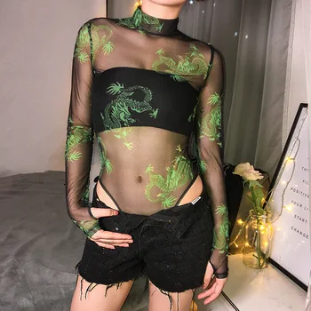 

Summer Hot European and American Style Dragon Design Printing Perspective Mesh One-Piece Suit Women's Light Elastic Sunscreen