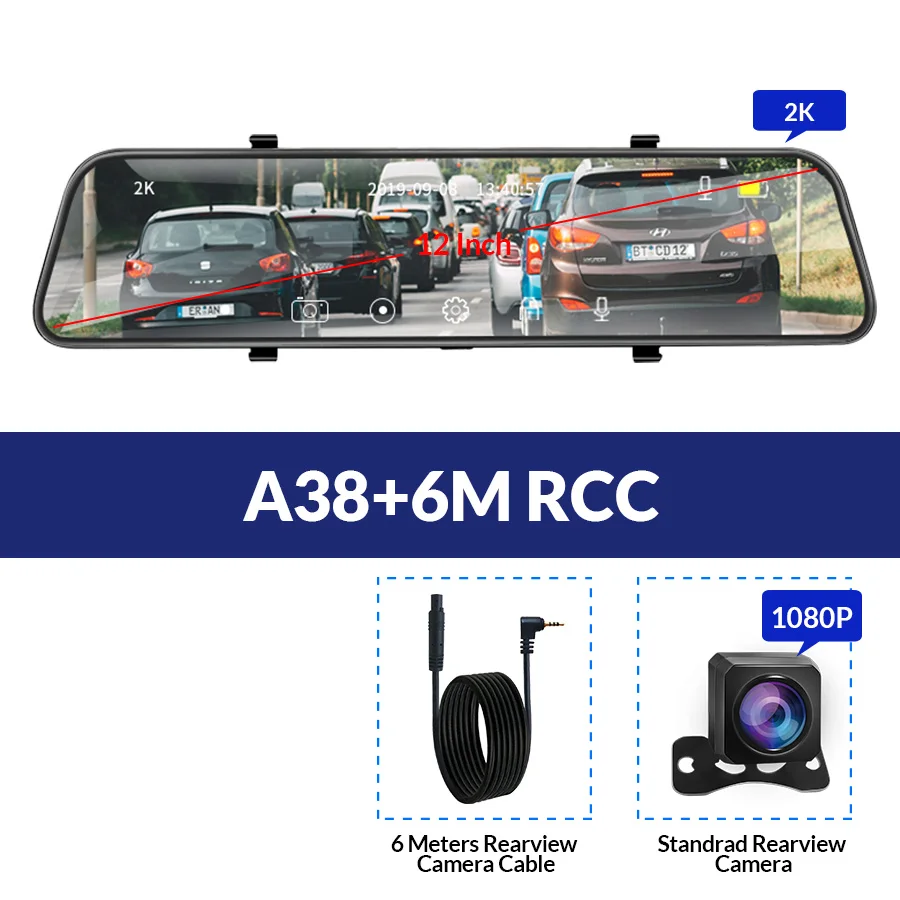 A38-6M RCC E-ACE 12 дюймов потоковое зеркало заднего вида Автомобильный видеорегистратор Камера 4G Android 8,1 видеорегистратор gps навигация ADAS Wifi авто регистратор рекордер - Название цвета: A38-6M RCC