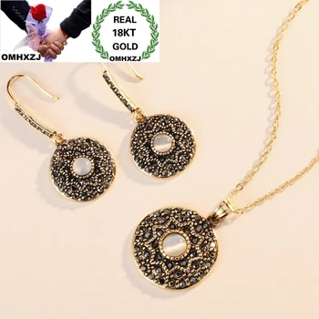 

OMHXZJ Wholesale European Fashion Woman Girl Party Birthday Wedding Gift Round AAA Zircon 18KT Gold Necklace+Drop Earrings SE57