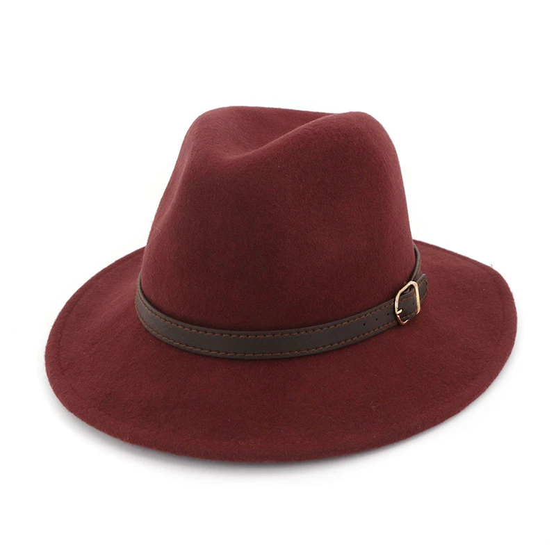 FS фетровая шляпа Мужские Женские фетровые шляпы с поясом женские винтажные шляпы Трилби шерсть фетровые шляпы осень зима теплый джаз шляпа женская - Цвет: Wine Red jazz hat