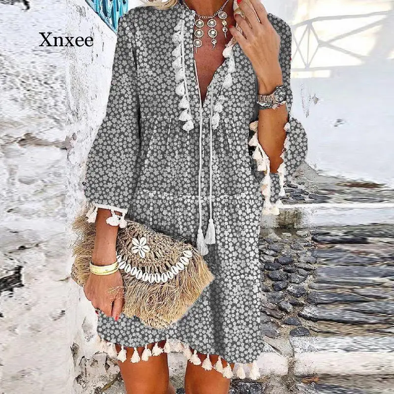 Vintage Women Floral Print A-Line Party Dress Autumn gray V Neck Lace Up Tassel Mini Elegant Long Sleeve Ladies Dresses | Женская одежда