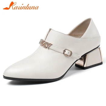 

Karinluna 2020 New Fashion Genuine Cow Leather Chunky Heels Slip-On Comfortable Shoes Woman Pumps Concise Office Pumps Women